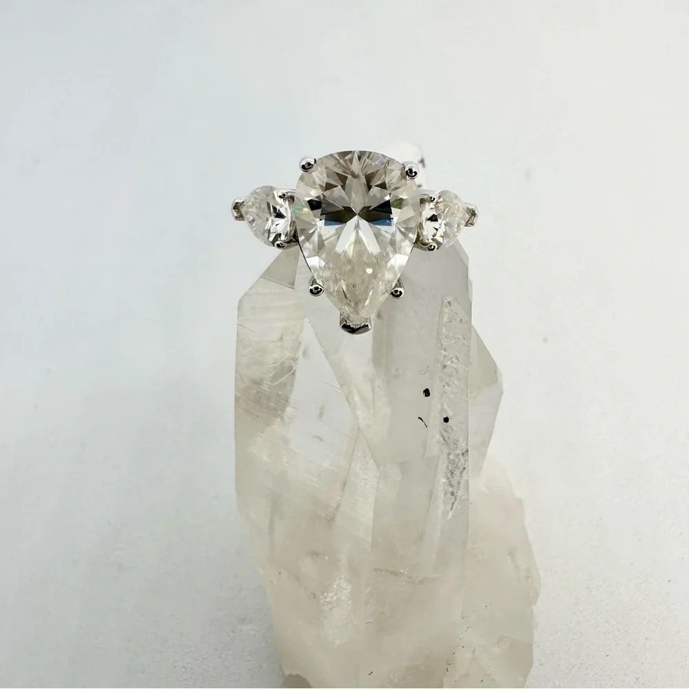 Pear Cut Moissanite 3 Stone Ring Past Present Future Trilogy Anniversary Wedding